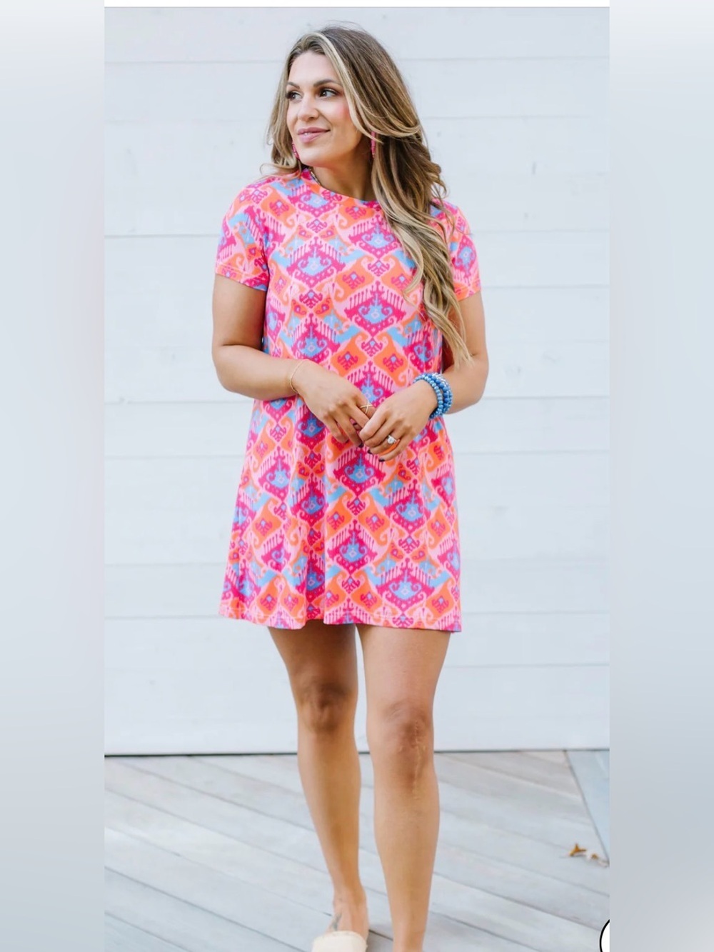 Mary Square Bright Orange Ikat-Print Short Sleeve Mini Dress size S new with tag
